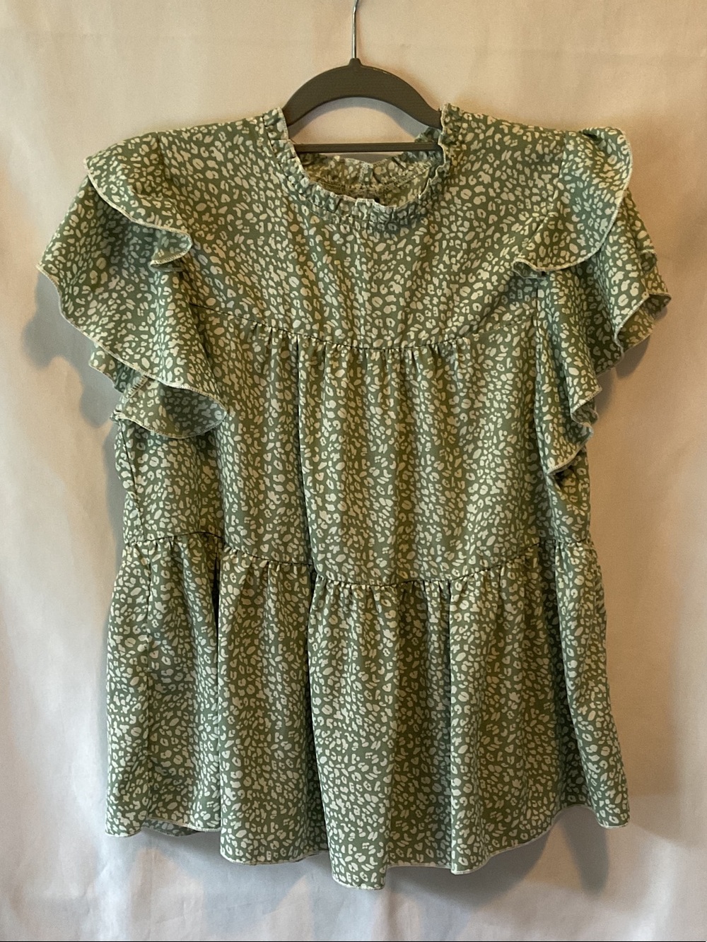 Sage Green Tiered Babydoll Top w/ Short Ruffle Sleeve & Ditsy Animal Print/Flora